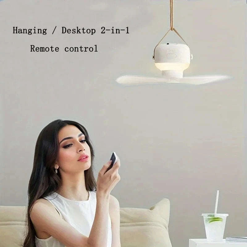Portable Wireless Mini Ceiling Fan with LED Light and Remote-White 2400mAh