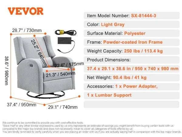 Power Recliner Swivel Glider Chair with 165° Recline & 240° Rotation-Light Gray / GERMANY