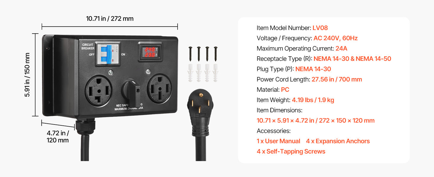 Manueller EV-Ladesteckdosen-Splitter 240V 24A für Trockner & Elektrofahrzeug