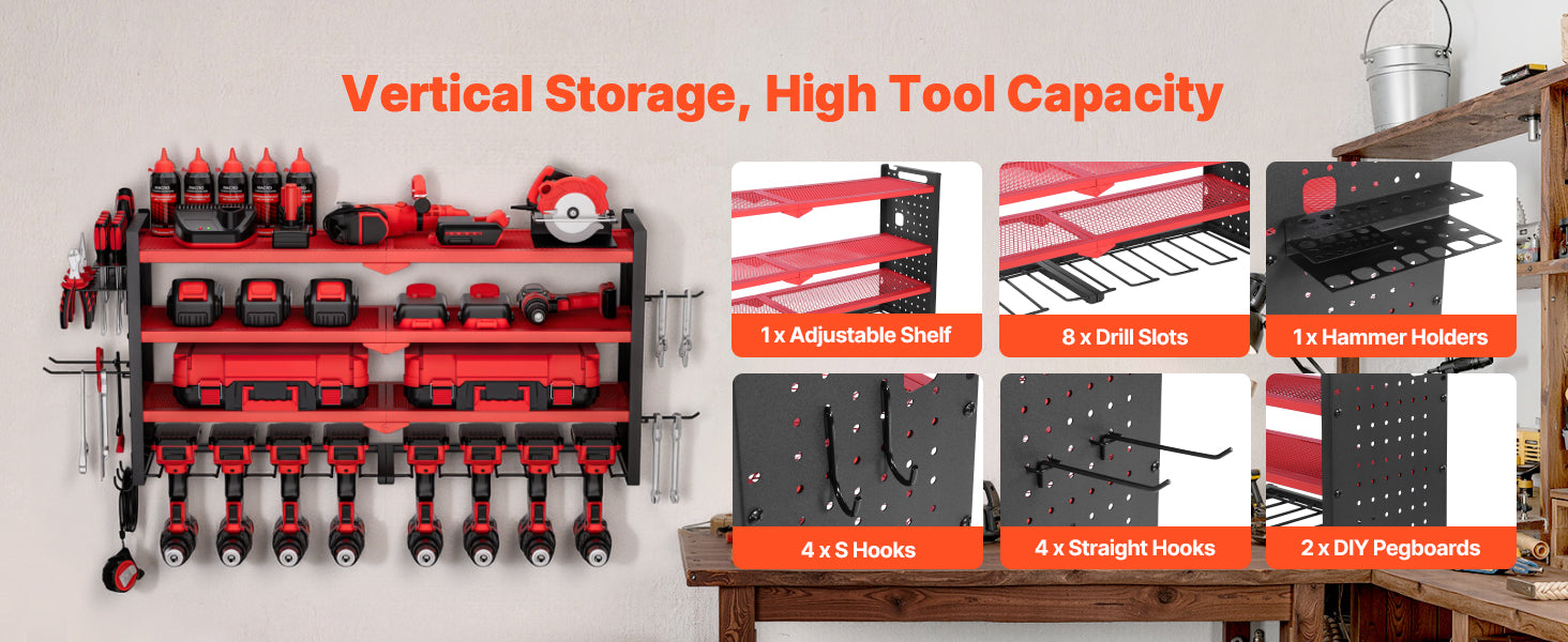 4-Tier Wall Mounted Power Tool Organizer Rack with Pegboard