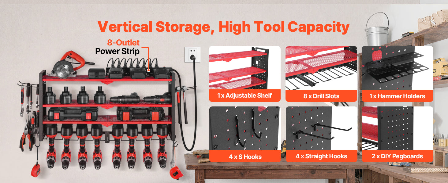 4-Tier Power Tool Organizer with Charging Station & Pegboard