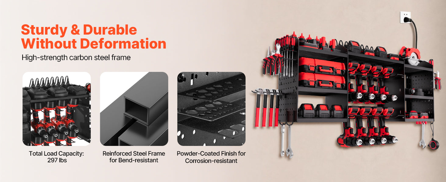 3-Tier Power Tool Organizer with 8-Outlet Charging Station Rack