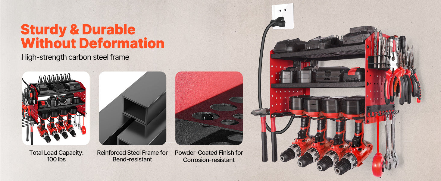 3-Tier Wall Mounted Power Tool Organizer with Charging Station