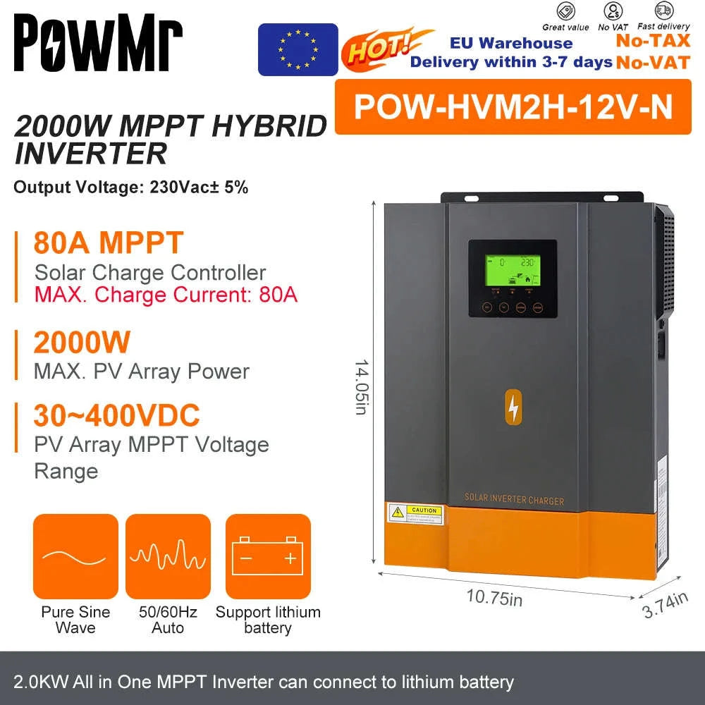 PowMr Hybrid Solar Inverter with MPPT Controller-2KVA 12V / 220-240V / france|No WIFI