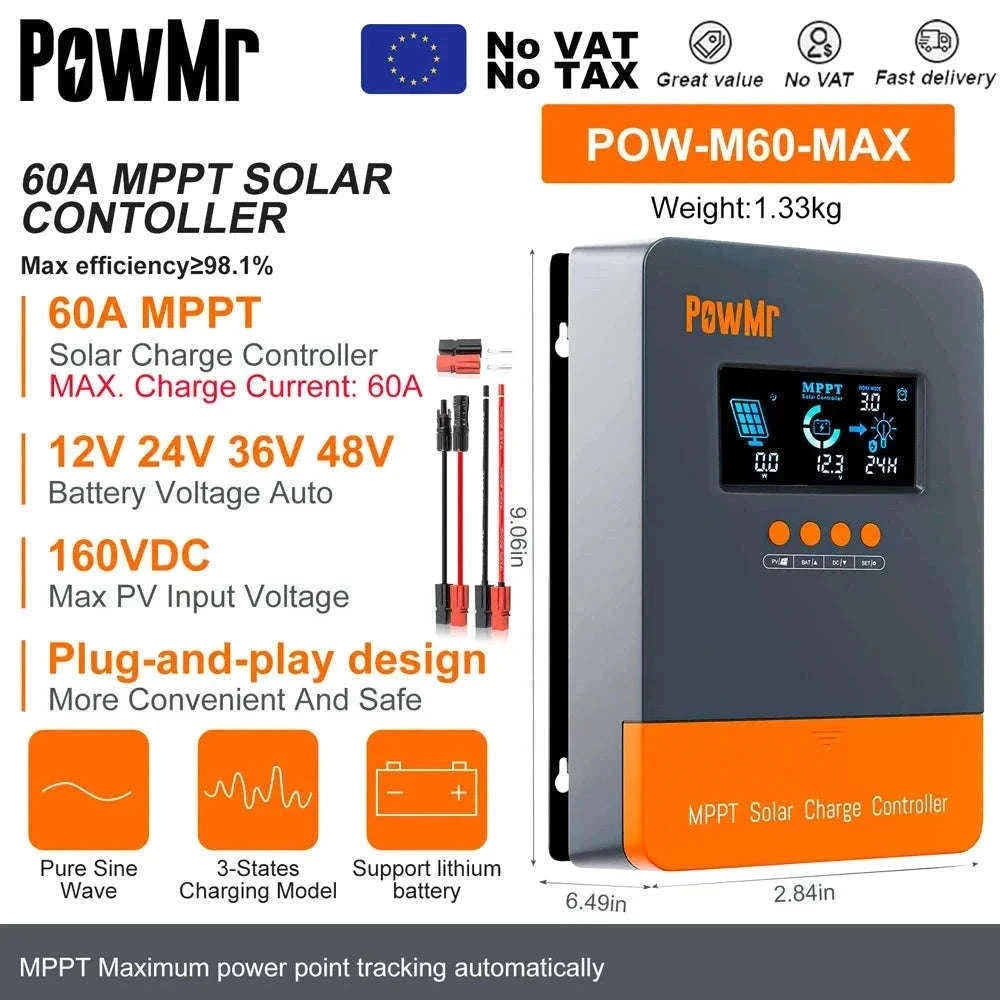 PowMr MPPT Solar Charge Controller for 12V–48V Systems-PWM 60A / france