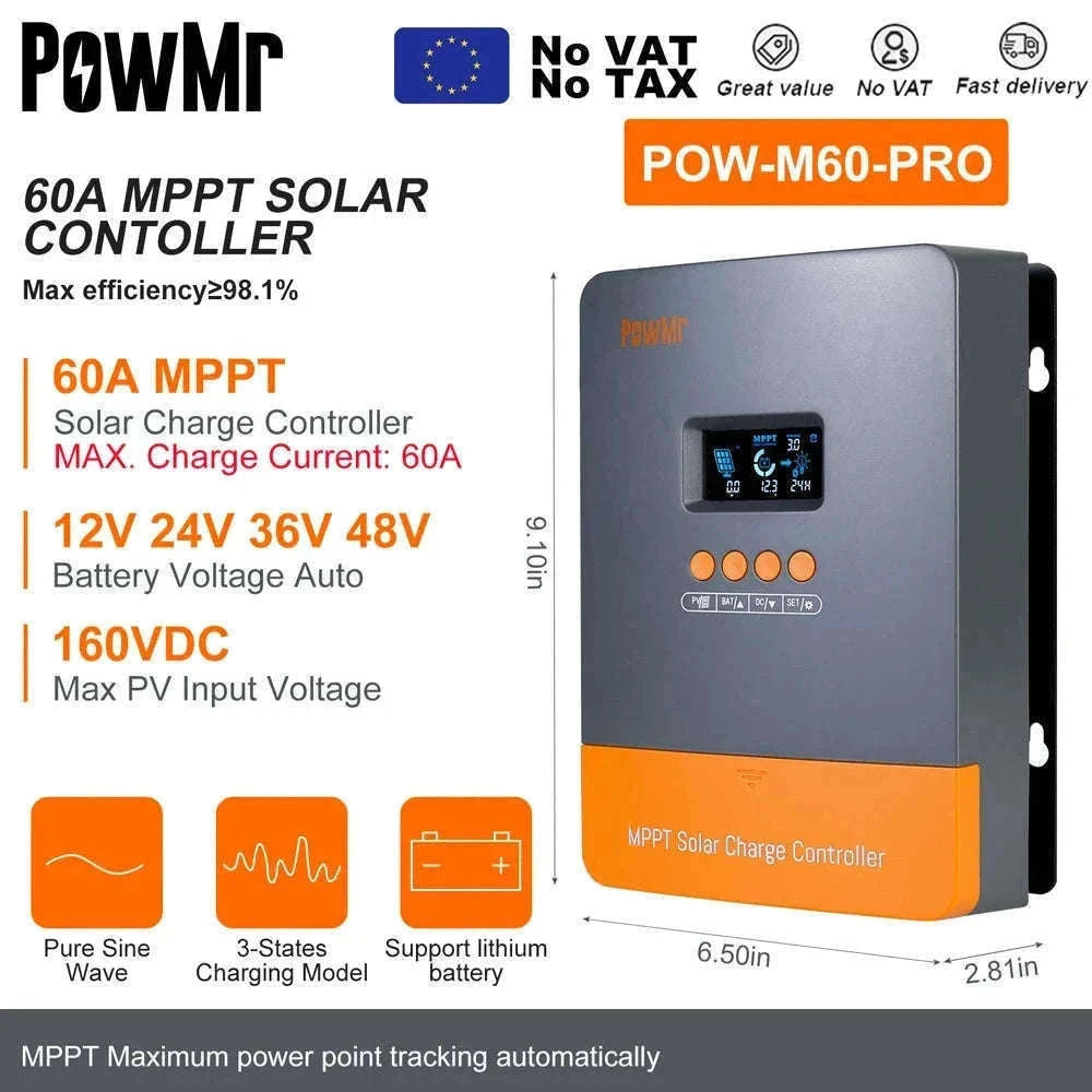 PowMr MPPT Solar Charge Controller for 12V–48V Systems-PWM 60A / france