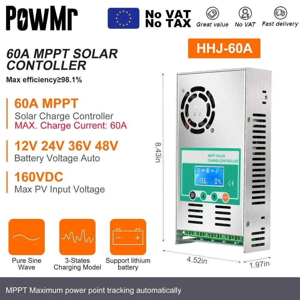 PowMr MPPT Solar Charge Controller for 12V–48V Systems-PWM 60A / france