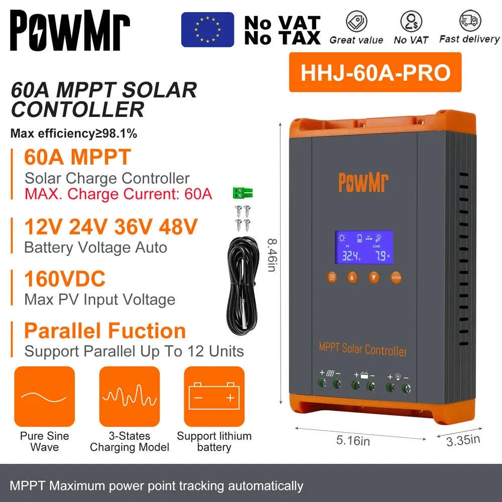 PowMr MPPT Solar Charge Controller for 12V–48V Systems-PWM 80A / france