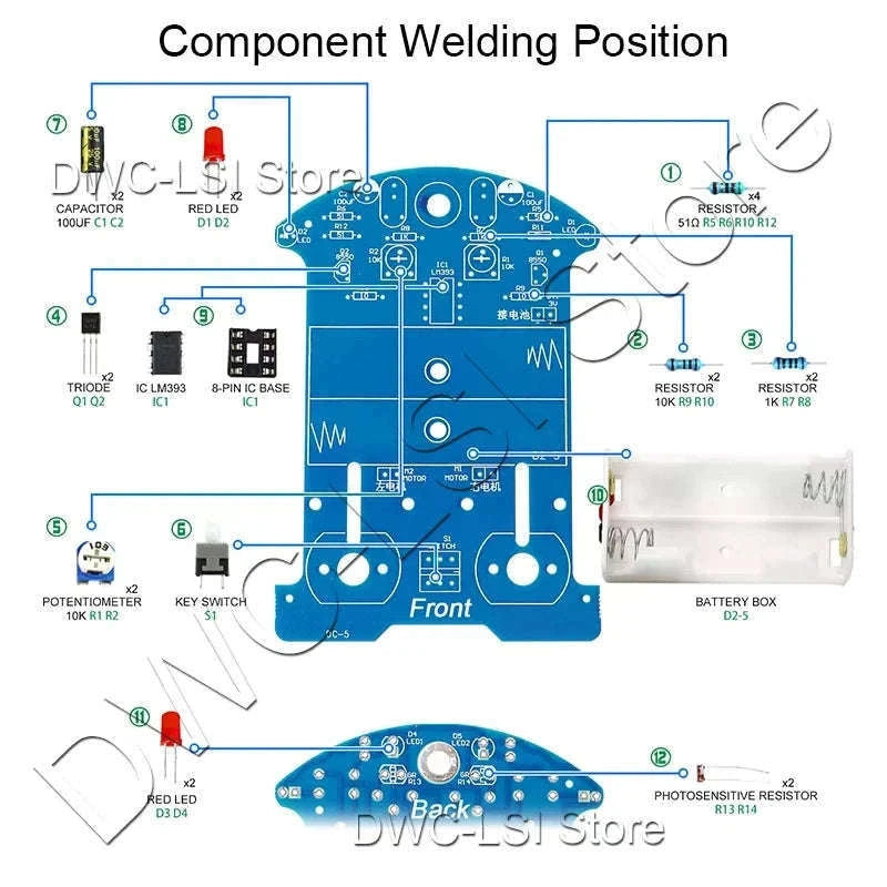 Practice Soldering Electronics Kit: Line-Following Robot-Parts