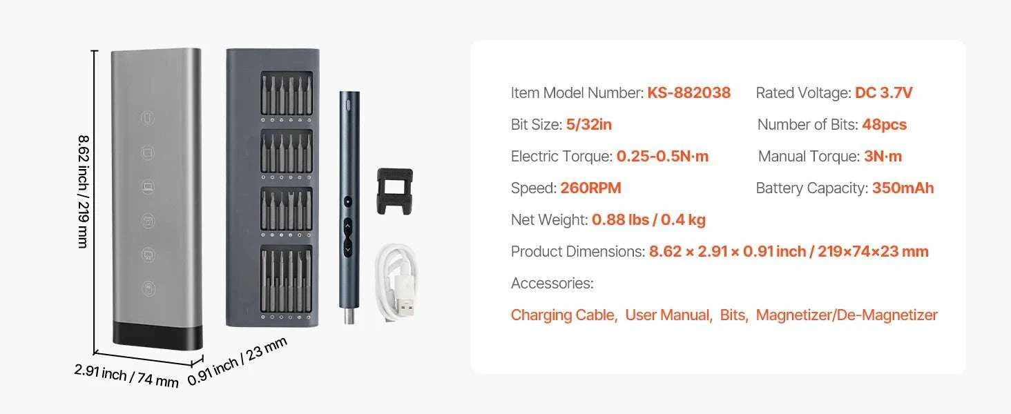 Precision Electric Screwdriver Set with 48 Bits, LED & Fast Charging-350mAh 260RPM / france