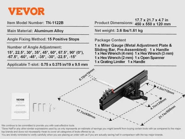 Precision Miter Gauge for Table Saws with 15 Positive Stops-19 to 35 in Grating / spain