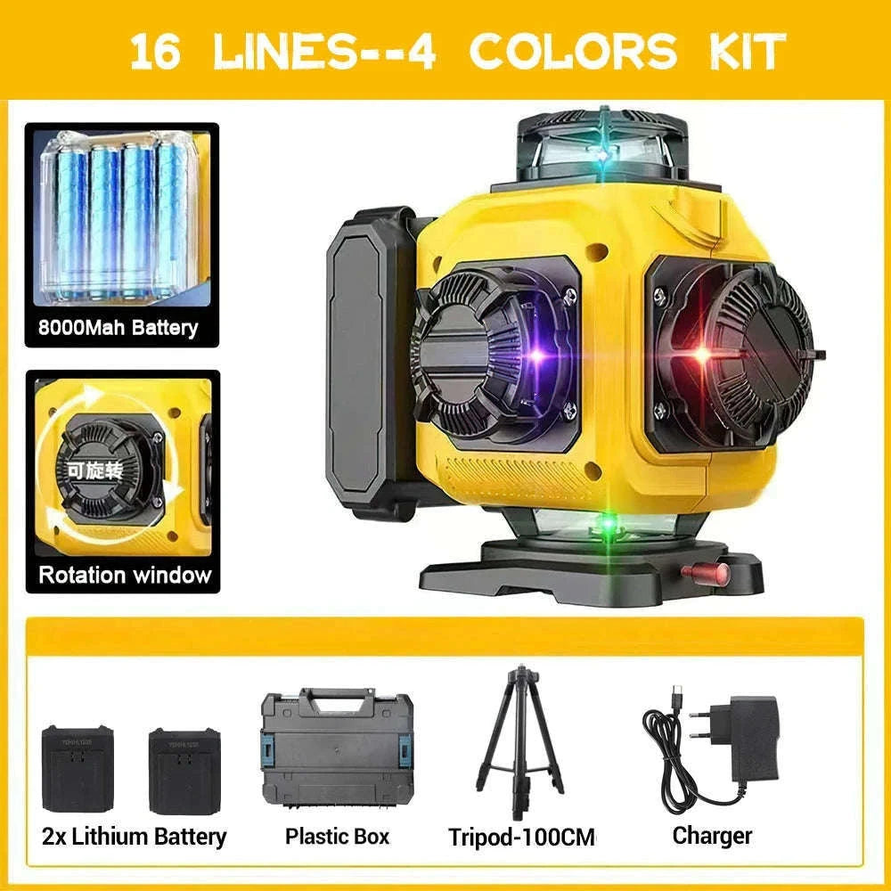 Pro 16-Line 4D Green Beam Laser Level for Accurate Layouts-Tripod + Plastic box 2 Battery / Poland