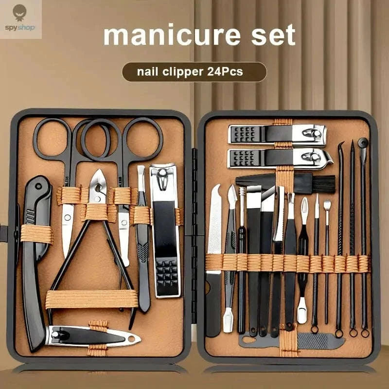Professional Manicure Set with PU Leather Case-24pcs Black-Brown