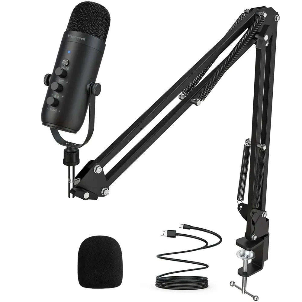 Professional USB Podcast Microphone Kit with Boom Arm-black