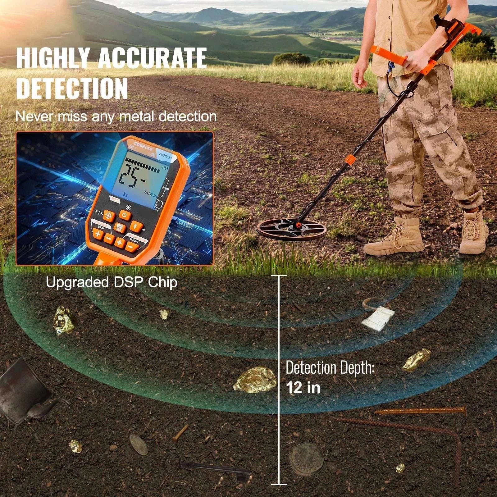 Professional Waterproof Metal Detector with 12" Coil & 7 Modes-12 Inch Search Coil / GERMANY