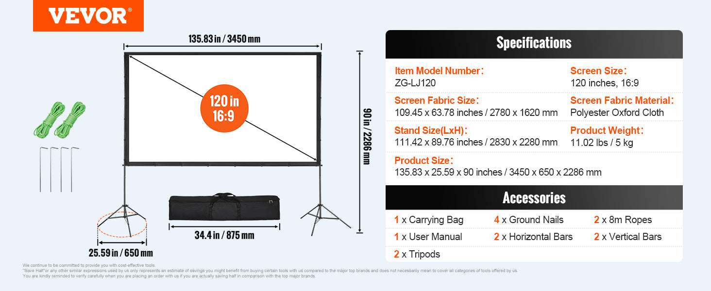 Écran de projection portable 120" avec support 16:9 pour film en plein air