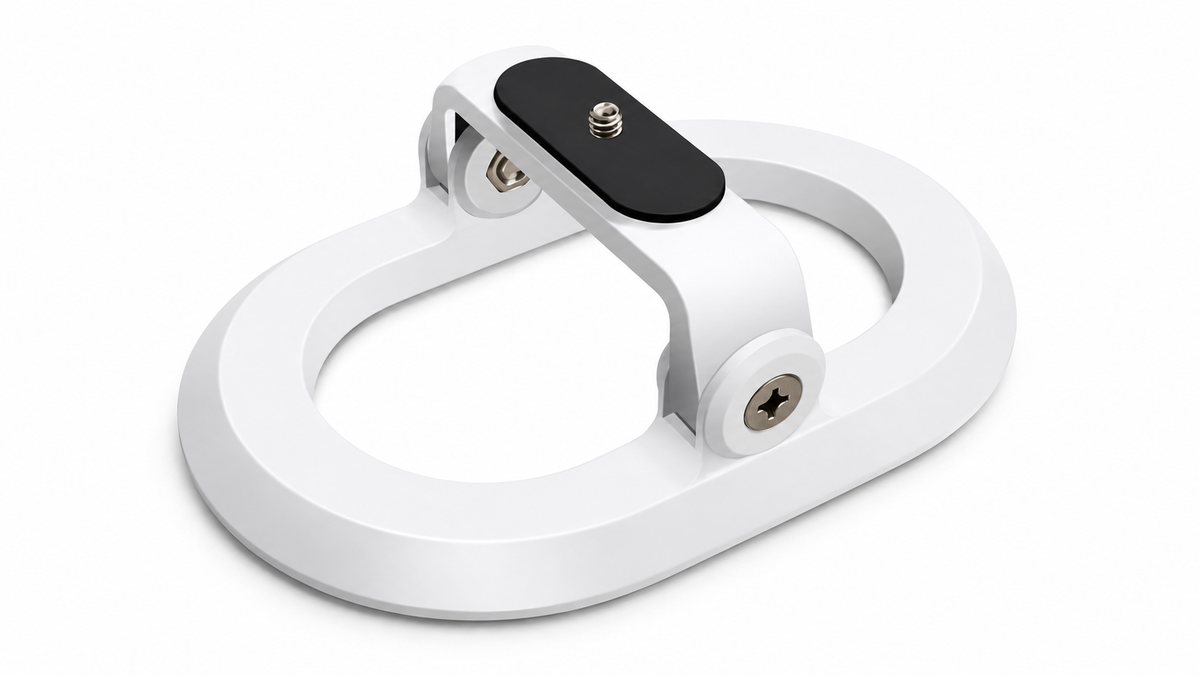 White adjustable desktop projector stand on white background