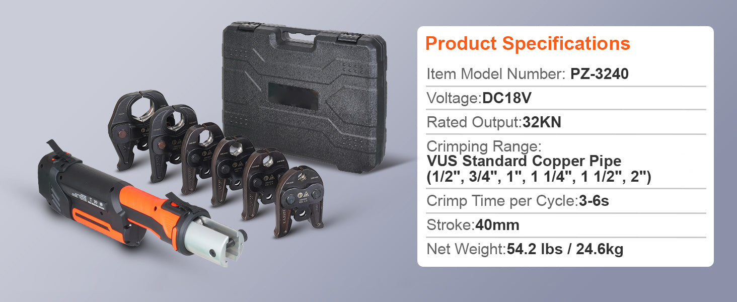 SucceBuy alat za pritiskanje, električni alat za pritiskanje cijevi 18V, za bakrene cijevi promjera 1/2", 3/4", 1", 1-1/4", 1-1/2", 2" s bezudnim (brushless) motorom.