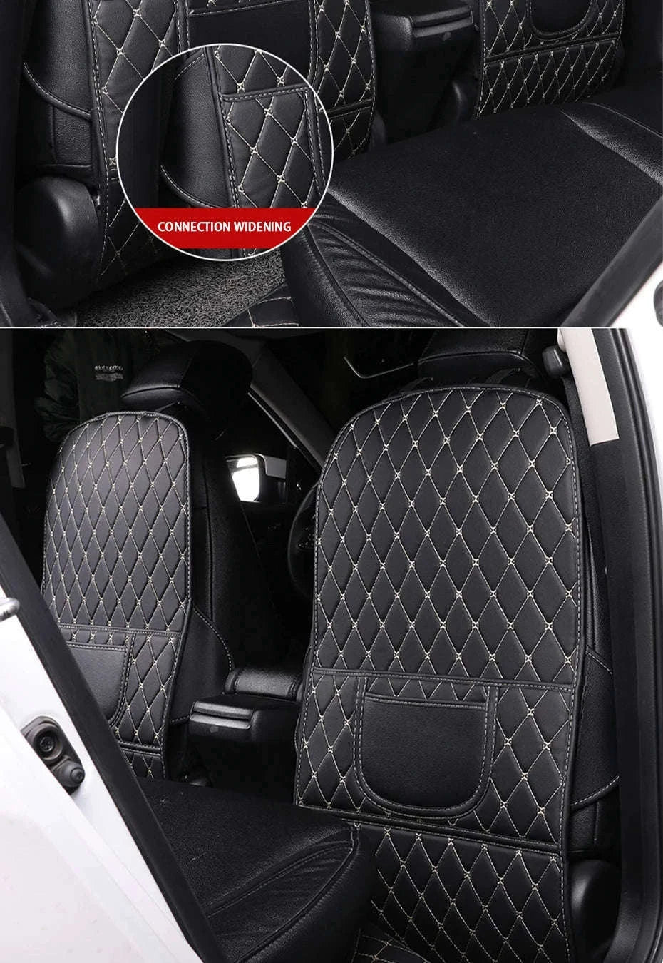 PU Leather Car Anti-Kick Seat Back Protector with Pocket-1pc large White line