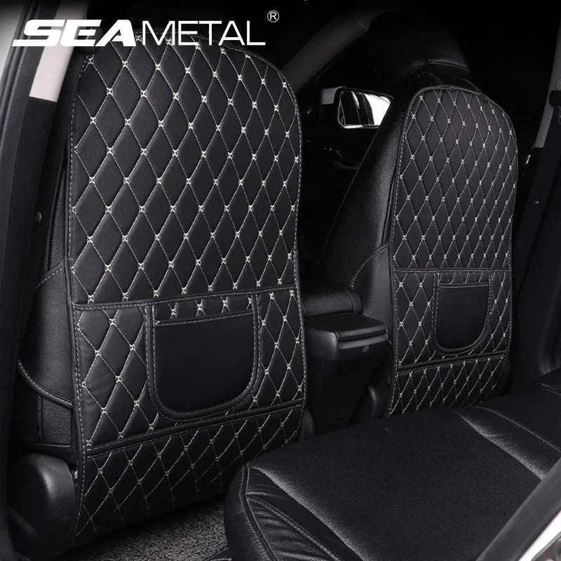 PU Leather Car Anti-Kick Seat Back Protector with Pocket-1pc large White line