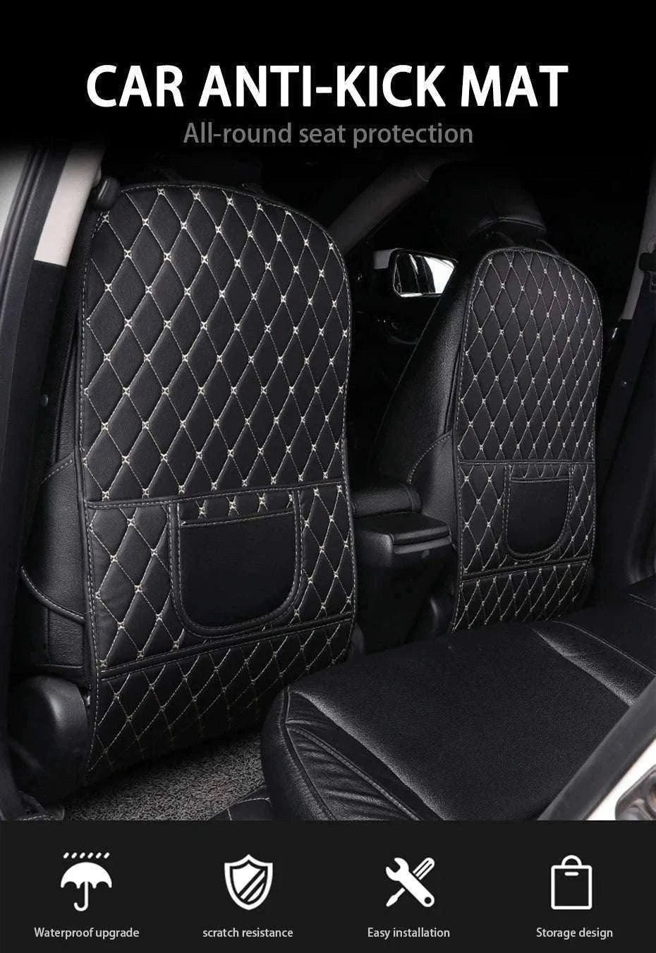 PU Leather Car Anti-Kick Seat Back Protector with Pocket-1pc large White line