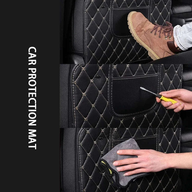 PU Leather Car Anti-Kick Seat Back Protector with Pocket-1pc large White line