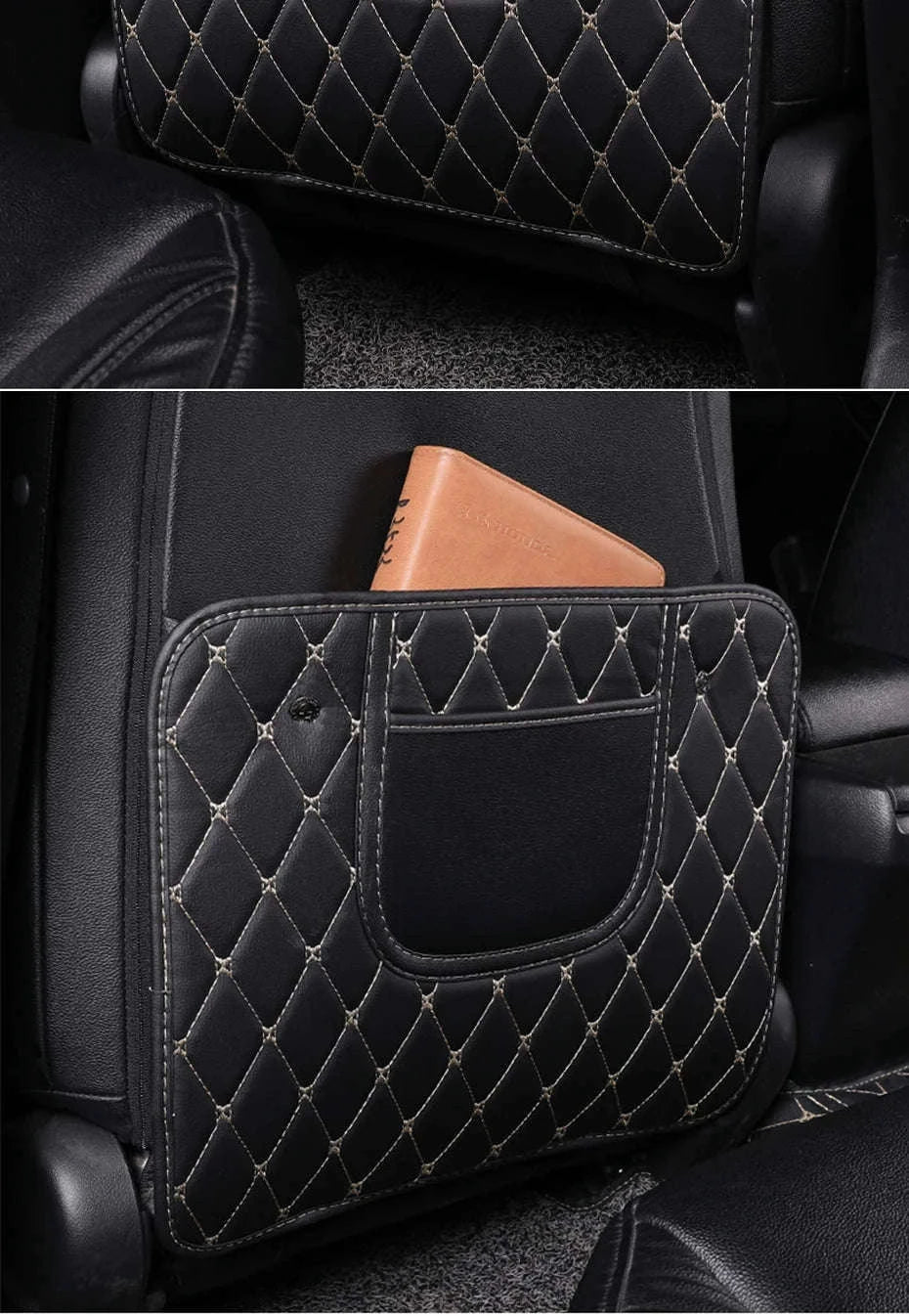 PU Leather Car Anti-Kick Seat Back Protector with Pocket-1pc large White line