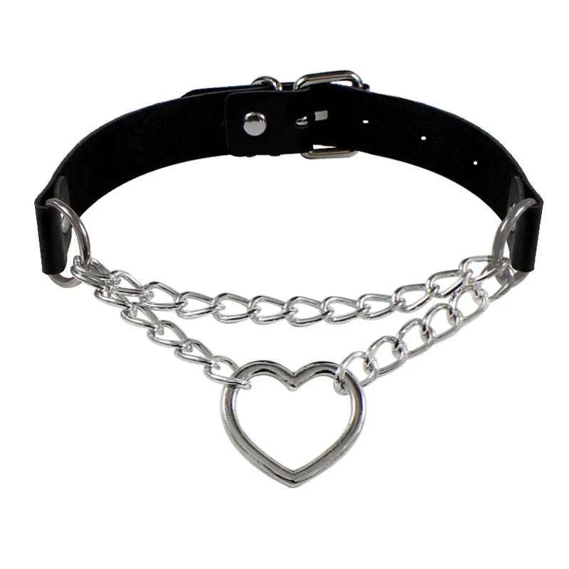 PU Leather Collar with Leash Gothic Heart Pendant Choker-Leash black