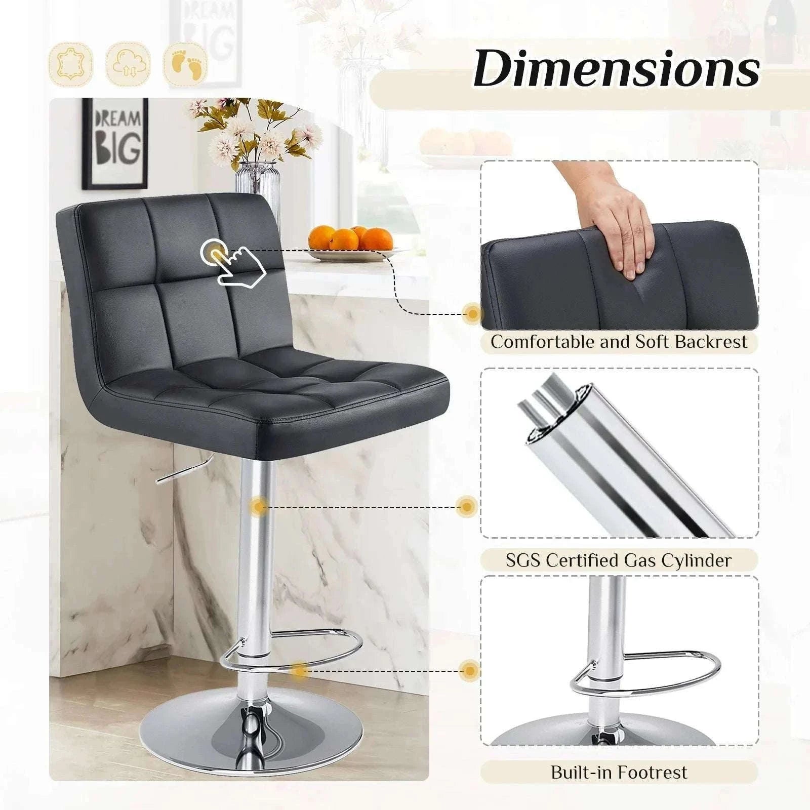 PU Leather Counter Height Bar Stools Set of 2 with Backrest-black / United States