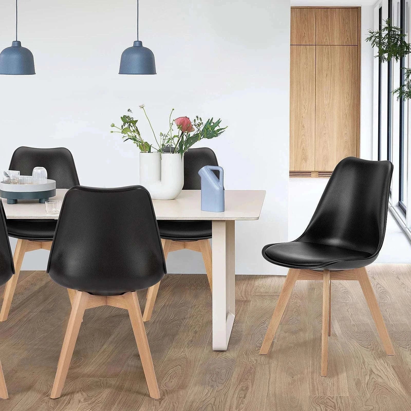 PU Leather Dining Chairs Set of 4 with Wooden Legs for Home-BLACK / United States