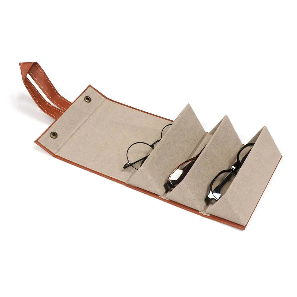 PU Leather Folding Glasses Organizer Multi-Slot Travel Case-5 Slot Brown