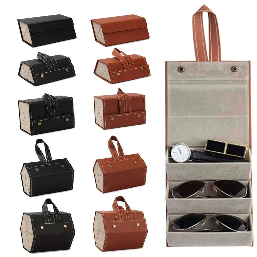 PU Leather Folding Glasses Organizer Multi-Slot Travel Case-5 Slot Brown