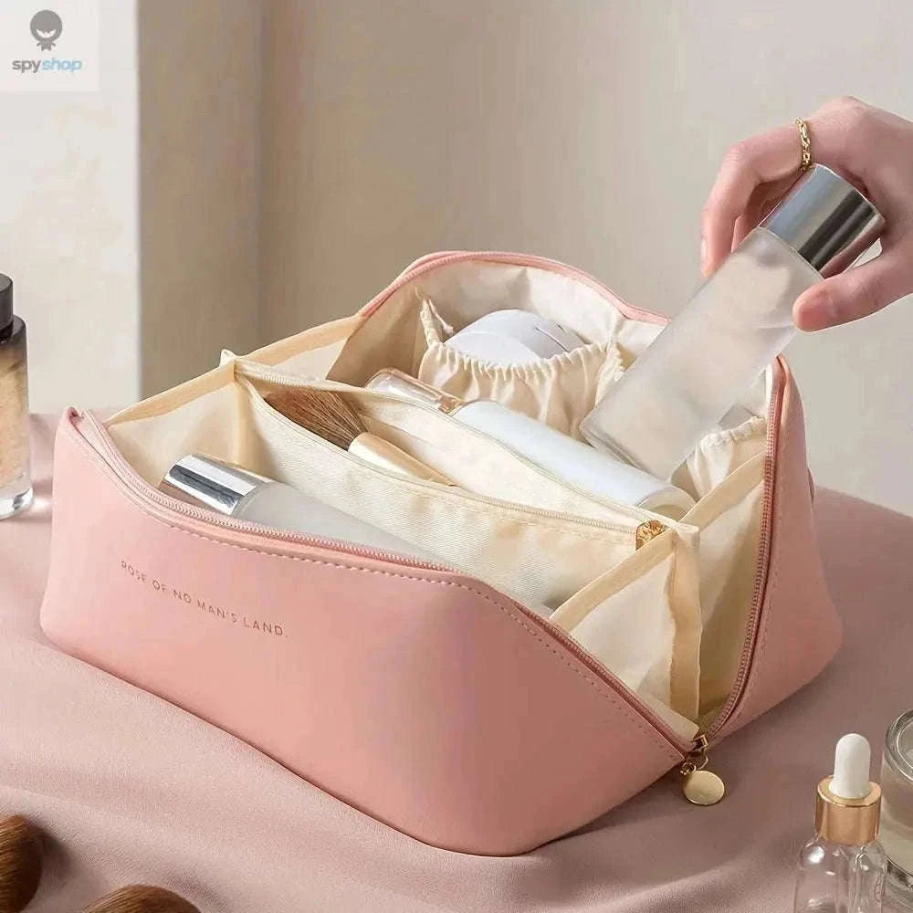 PU Leather Makeup Organizer Bag with Compartments for Travel-pink
