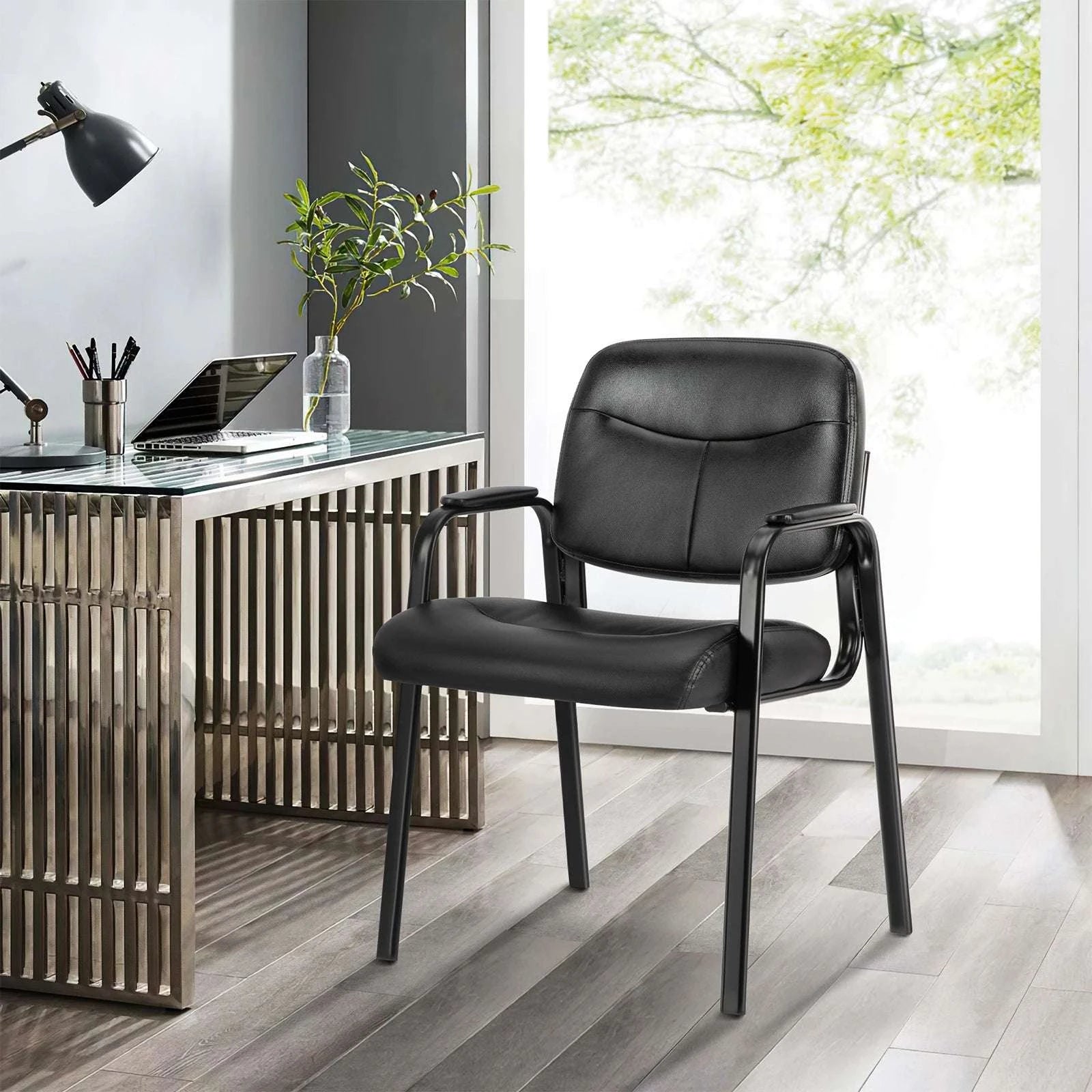 PU Leather Office Guest Chair with Metal Frame and Cushion-Black 2-Pack / United States