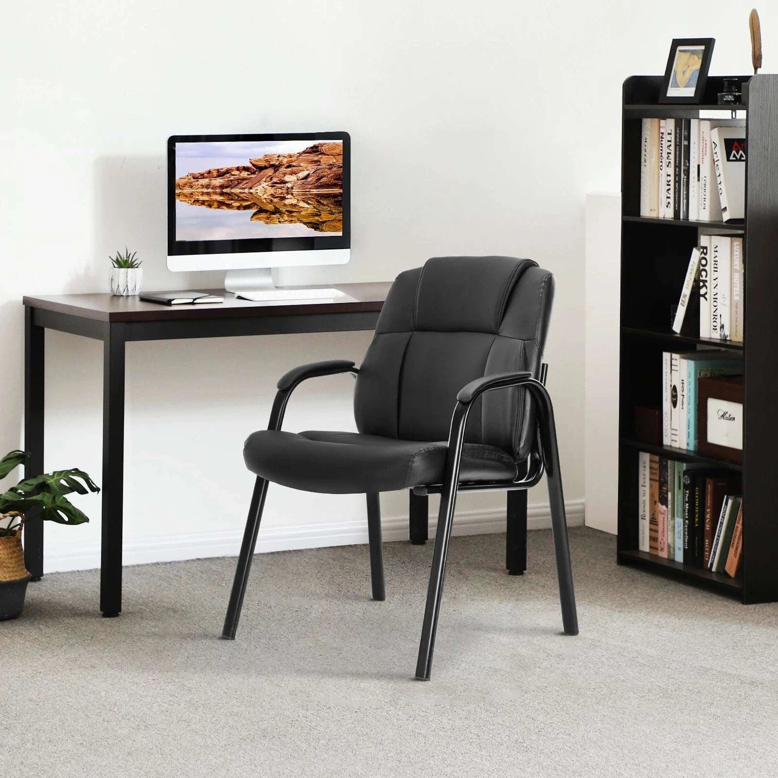 PU Leather Padded Office Guest Chair with Armrests and Metal Frame-Black 1-Pack / United States