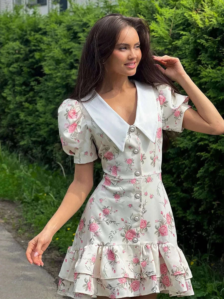 Puff Sleeves Ruffled Mini Dress-Blue / M