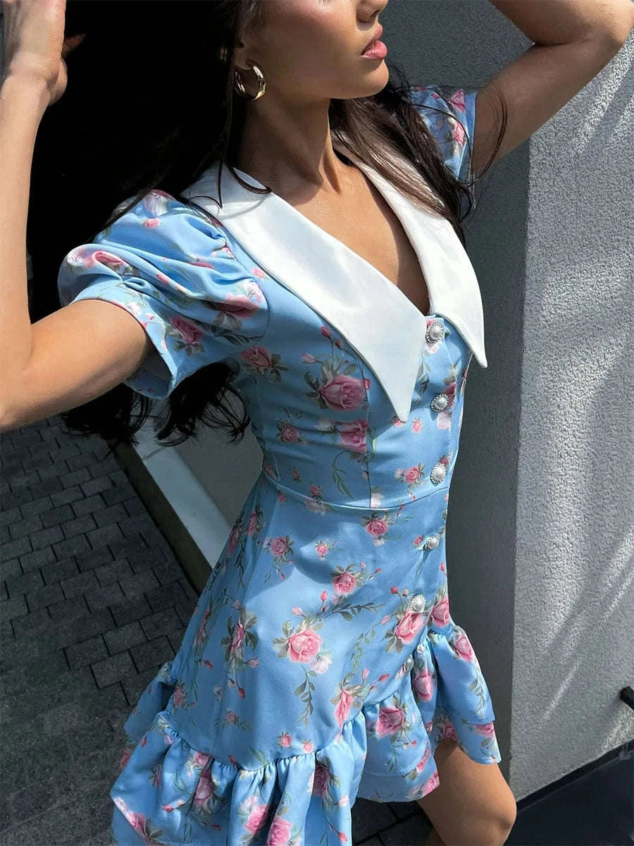 Puff Sleeves Ruffled Mini Dress-Blue / M