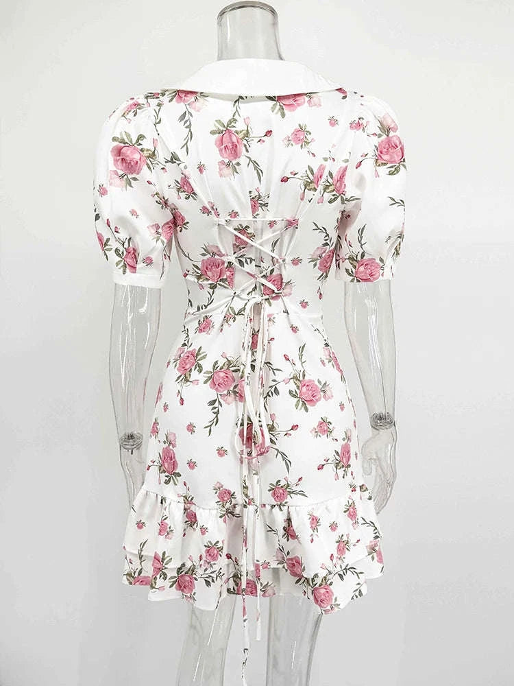 Puff Sleeves Ruffled Mini Dress-Blue / M