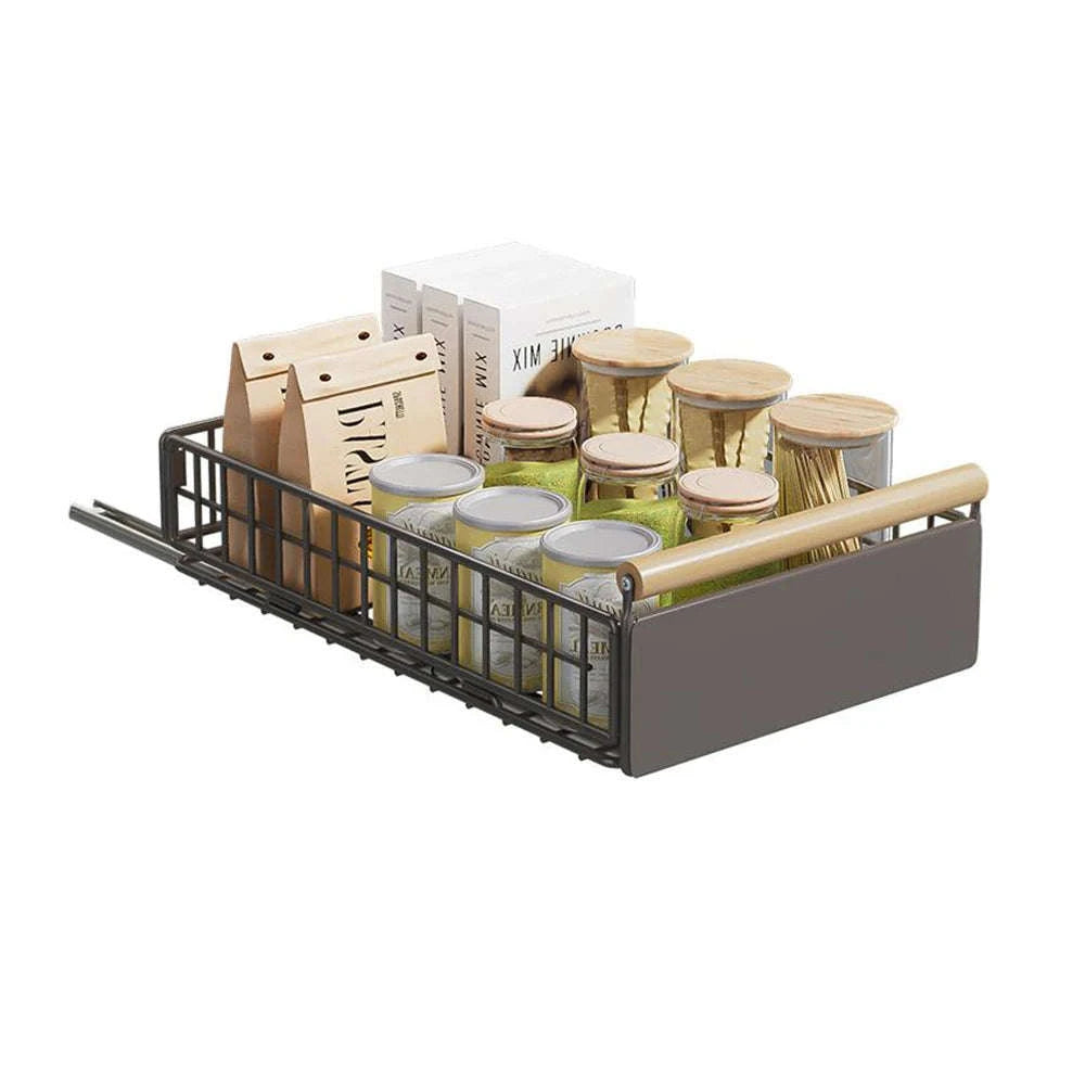 Pull-Out Cabinet Organizer Basket with Adjustable Slide and Wood Handle-L / france