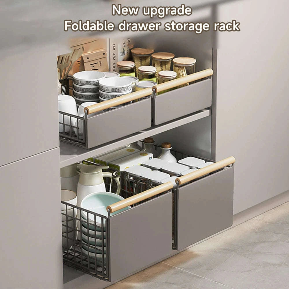 Pull-Out Cabinet Organizer Basket with Adjustable Slide and Wood Handle-L / france