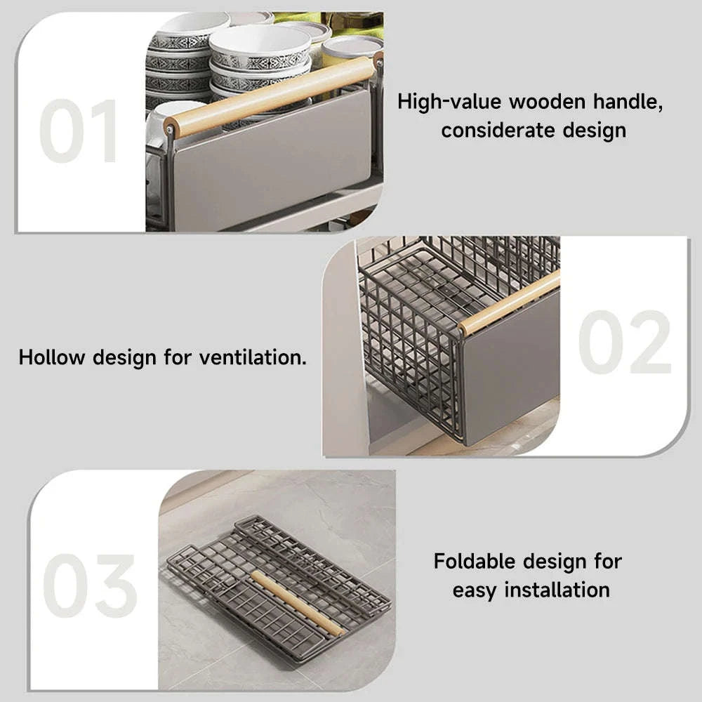 Pull-Out Cabinet Organizer Basket with Adjustable Slide and Wood Handle-L / france