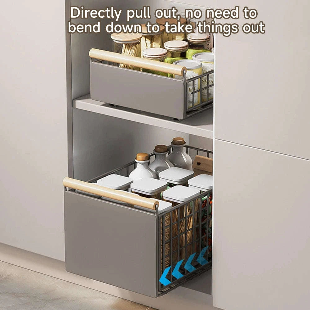 Pull-Out Cabinet Organizer Basket with Adjustable Slide and Wood Handle-L / france