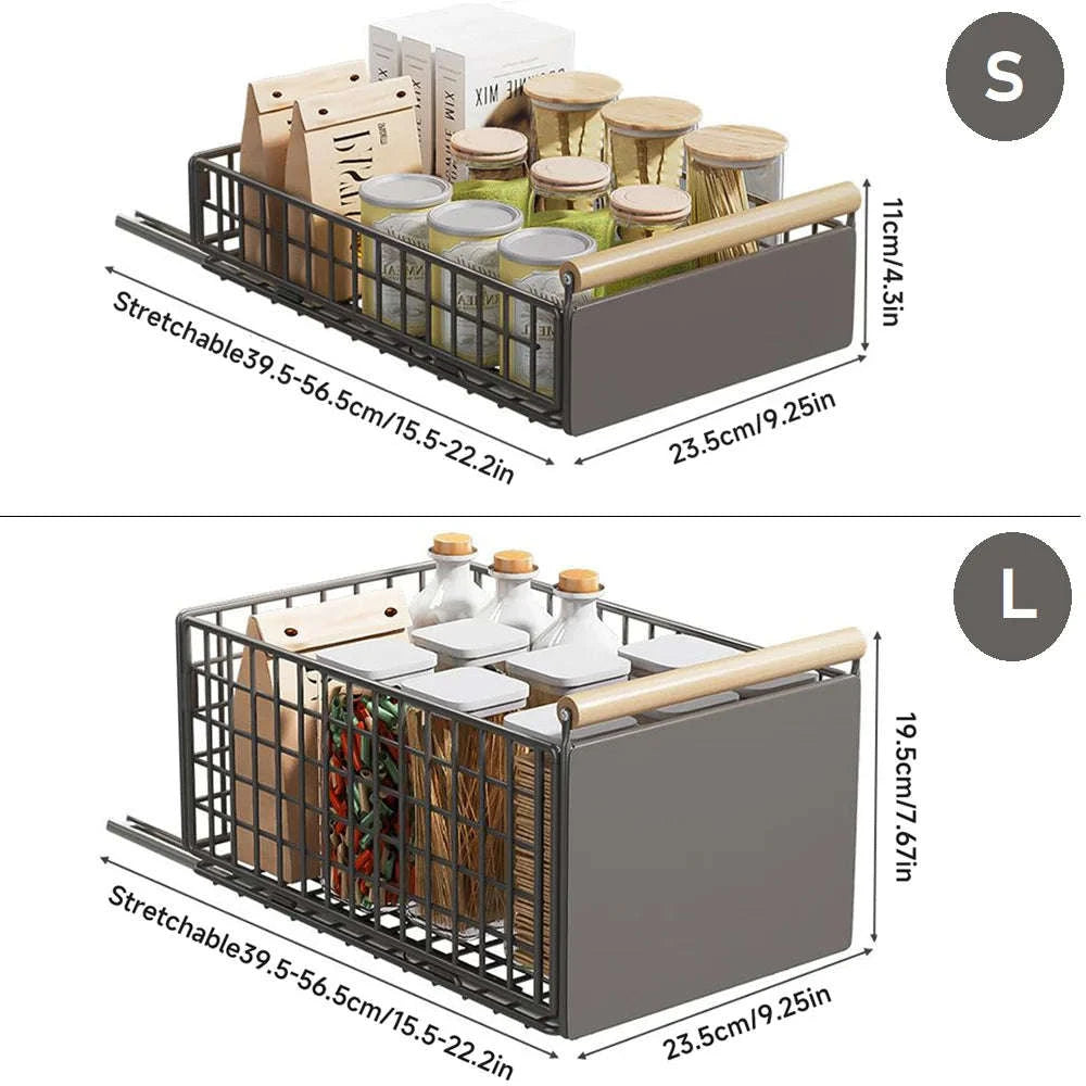 Pull-Out Cabinet Organizer Basket with Adjustable Slide and Wood Handle-L / france