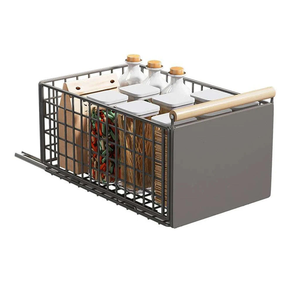 Pull-Out Cabinet Organizer Basket with Adjustable Slide and Wood Handle-L / france