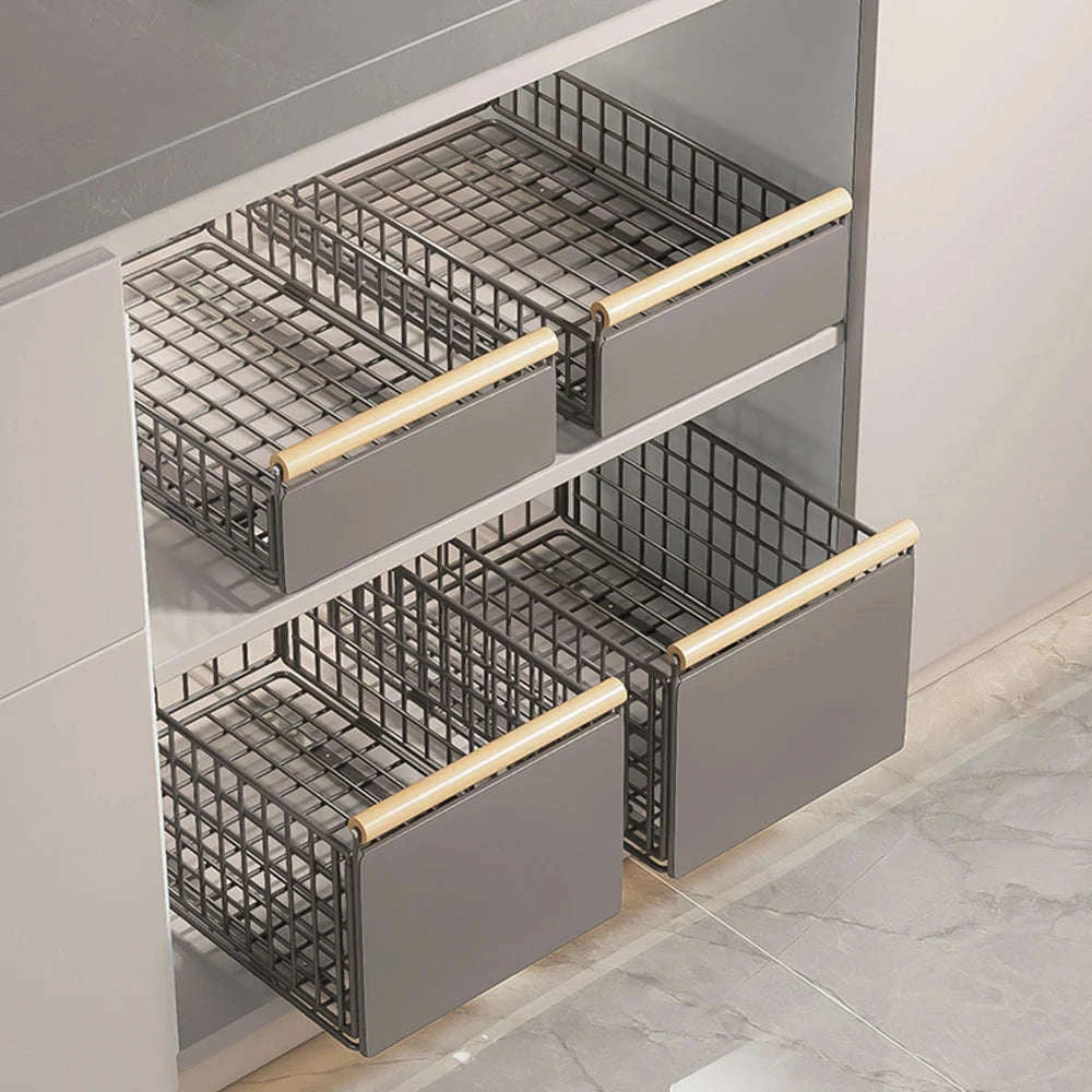 Pull-Out Cabinet Organizer Basket with Adjustable Slide and Wood Handle-L / france