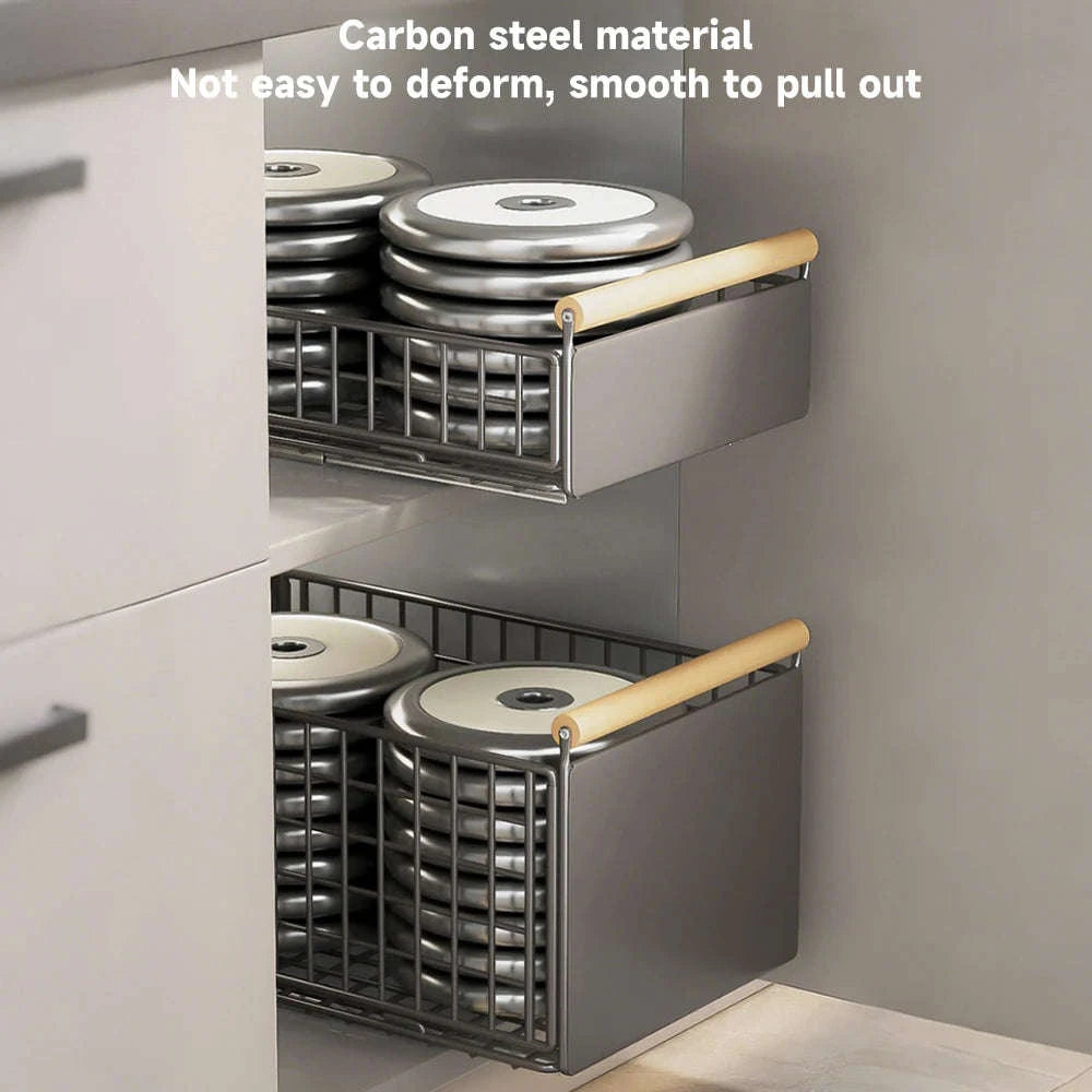 Pull-Out Cabinet Organizer Basket with Adjustable Slide and Wood Handle-L / france