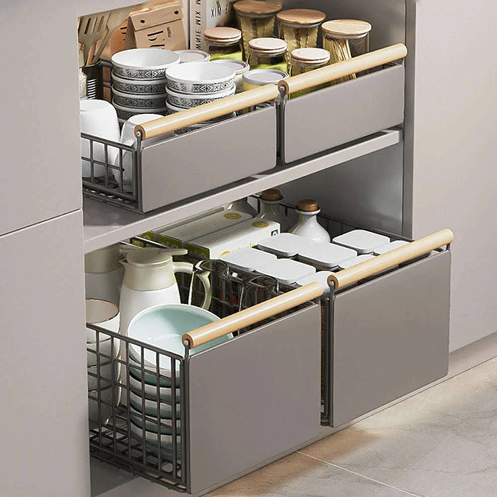 Pull-Out Cabinet Organizer Basket with Adjustable Slide and Wood Handle-L / france