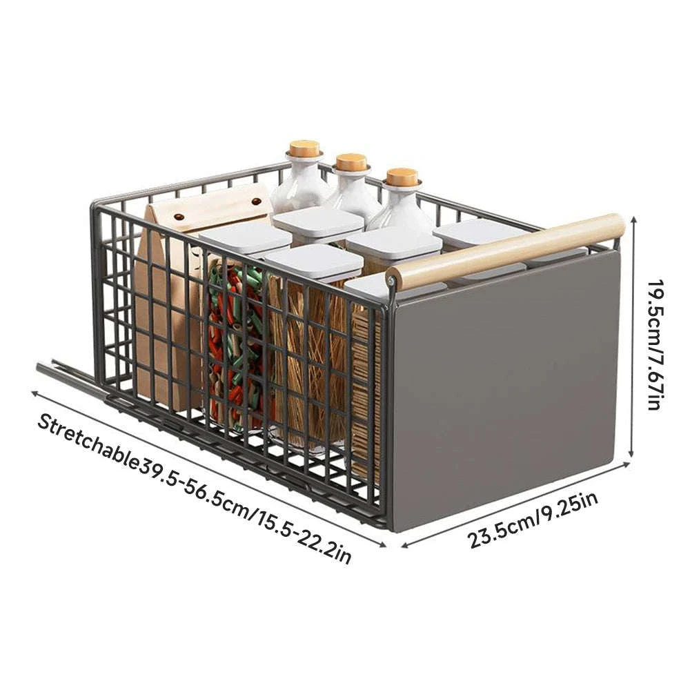 Pull-Out Cabinet Organizer Basket with Adjustable Slide and Wood Handle-L / france