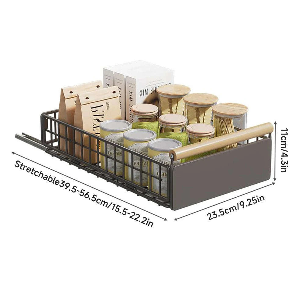 Pull-Out Cabinet Organizer Basket with Adjustable Slide and Wood Handle-L / france