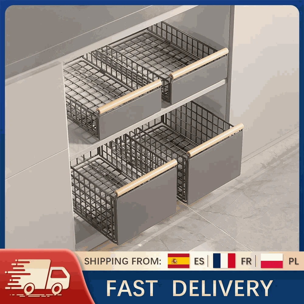 Pull-Out Cabinet Organizer Basket with Adjustable Slide and Wood Handle-L / france